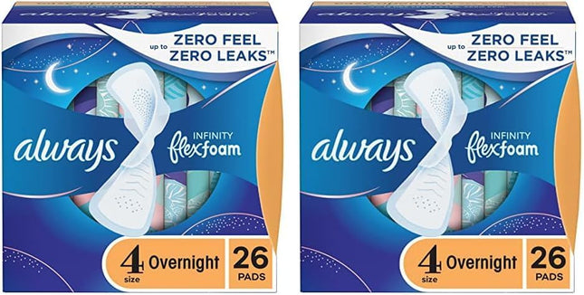 Always Infinity FlexFoam Pads with wings for Women Size 4 Overnight Absorbency Unscented 26 Count (Pack Of 2) - Health