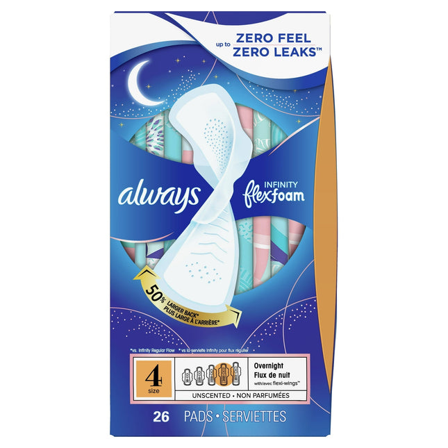 Always Infinity FlexFoam Pads with wings for Women Size 4 Overnight Absorbency Unscented 26 Count (Pack Of 6) - Health