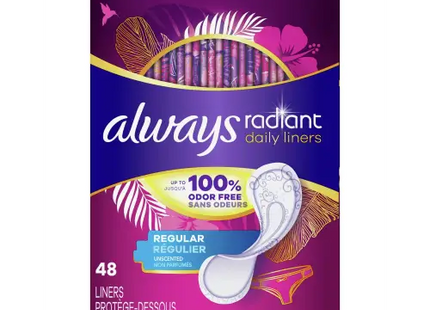 Always Radiant Pantyliners Regular Wrapped Unscented 48 Count (Pack Of 6) - Health & Beauty > Personal Care Feminine