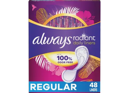 Always Radiant Pantyliners Regular Wrapped Unscented 48 Count (Pack Of 6) - Health & Beauty > Personal Care Feminine