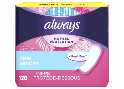 Always Thin Daily Panty Liners For Women Light Absorbency Unscented 120 Count (Pack Of 2) - Health & Beauty > Personal