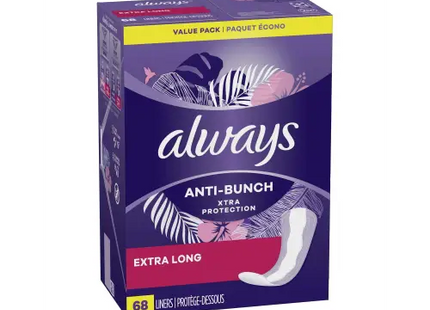 Always Xtra Anti-Bunch Protection Daily Liners Extra Long 68 Ct (Pack Of 12) - Health & Beauty > Personal Care Feminine