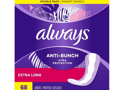 Always Xtra Anti-Bunch Protection Daily Liners Extra Long 68 Ct (Pack Of 1) - Health & Beauty > Personal Care Feminine