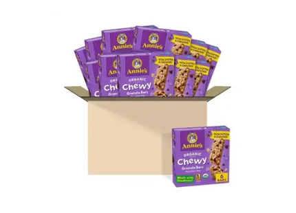 a box of annie’s organic chewy granola bars with chocolate chips