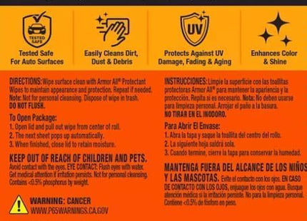 Armor Original Plastic-Rubber Protectant Car Interior Cleaner Wipes 30ct (3 Pack) - Automotive Tools & Supplies > Care