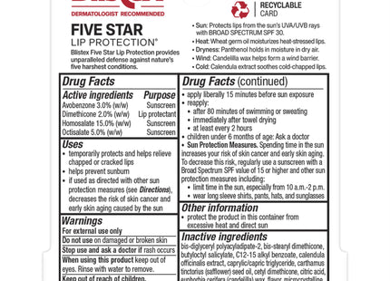 Blistex Five Star Lip Protection Balm stick, Moisture Shield with SPF 30, Wind & Water-Resistant Lip Care, 0.15 Ounce (Pack Of 12)