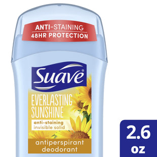 Suave Antiperspirant Deodorant, Invisible Solid, Everlasting Sunshine, Unisex Stick 2.6 Ounce (Pack Of 2)