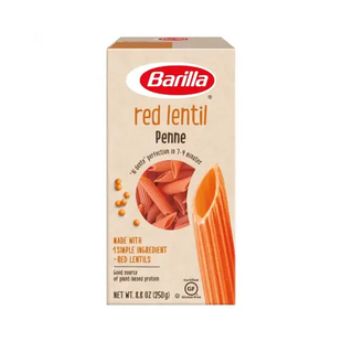 a box of red lenti pasta