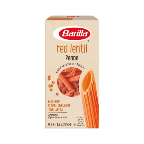 a box of red lenti pasta