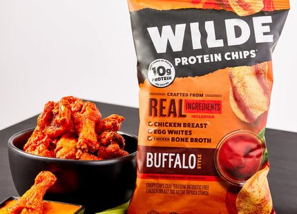 WILDE SNACKS Protein Chips Buffalo Style Chicken, Thin and Crispy, High Protein, 1.34 Ounce (Pack Of 16)