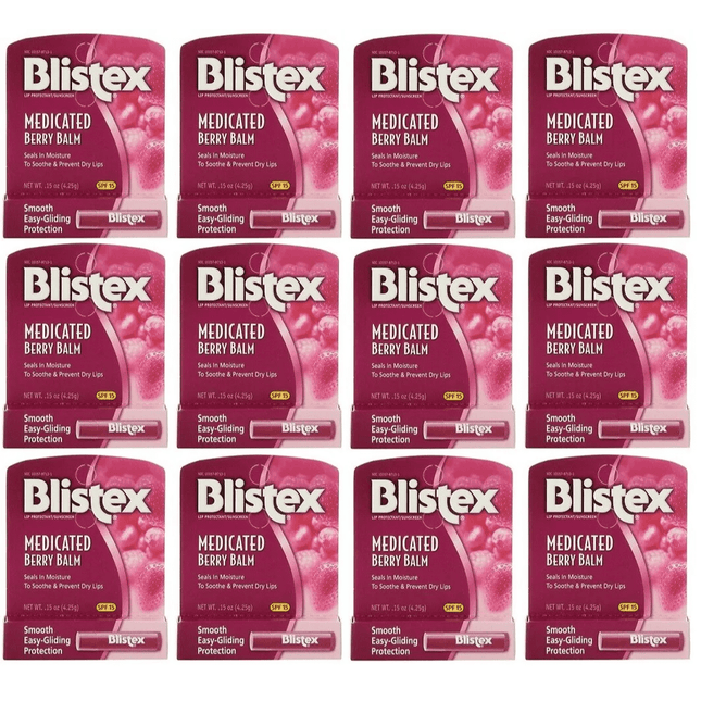 Blistex Medicated Barry Lip Balm Stick SPF15 Dry Cracked Lips 0.15oz (12 Pack) - Personal Care > Skin Balms & Treatments