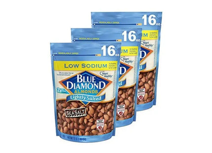 three bags of blue diamond almonds on a white background