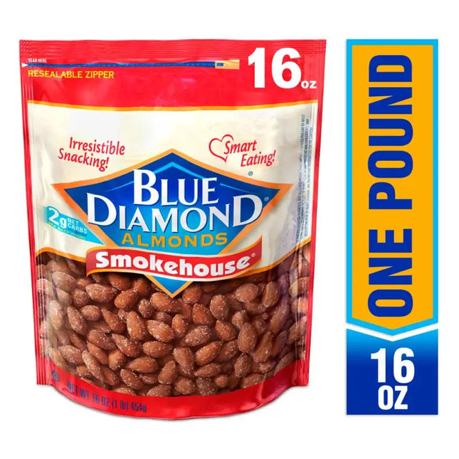 a close up of a bag of almonds with a blue diamond sticker