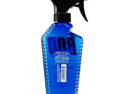 a bottle of blue liquid with a black trigger trigger