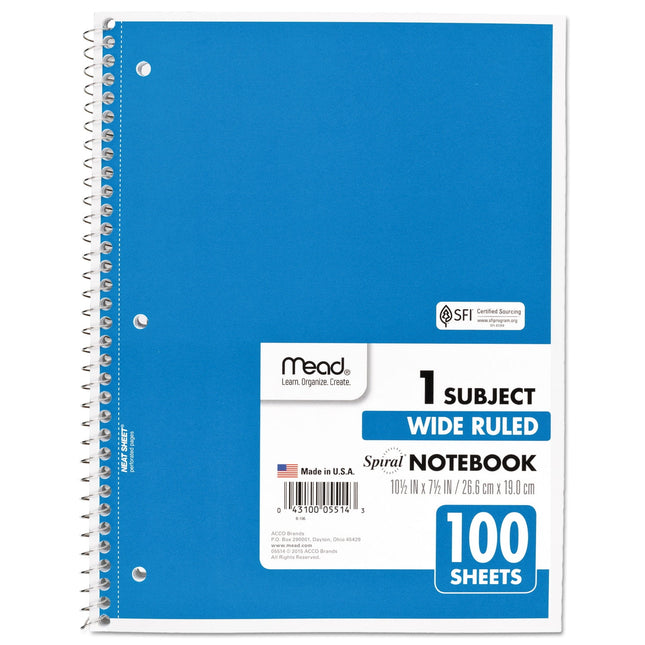 Mead Spiral Notebook,1-Subject,Wide Rule, 8 x 10-1/2, 100 Sheets