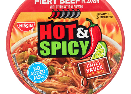 Nissin Bowl Noodles, Hot & Spicy, Beef Flavor, Ramen Noodle Soup, Non-MSG, Shelf-Stable, 3.28 Ounce (Pack Of 6)