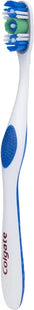 a white and blue toothbrush with a blue and green brush