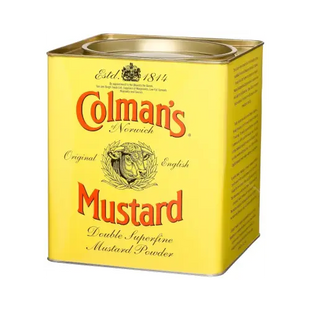 a close up of a tin of mustard on a white background