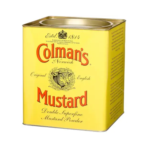 a close up of a tin of mustard on a white background