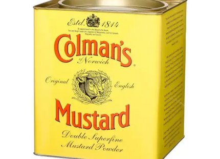 a close up of a tin of mustard on a white background