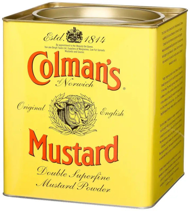 a close up of a tin of mustard on a white background