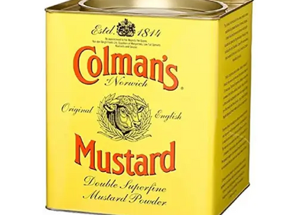 a close up of a tin of mustard on a white background