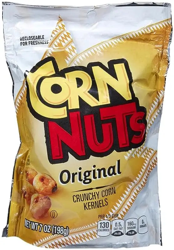 a close up of a bag of corn nuts on a white background