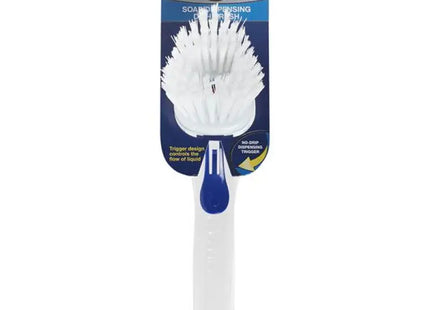 a white brush with a blue handle
