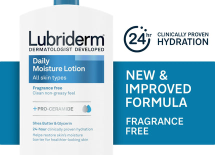 Lubriderm Daily Moisture Body Lotion, Hydrating, Pro-Ceramide, VitaminB5, Shea Butter &amp; Glycerin, For All Skin Type, Unscented, 24 Ounce (Pack Of 12)