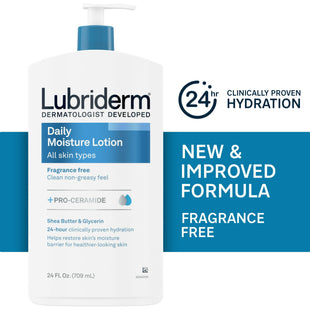 Lubriderm Daily Moisture Body Lotion, Hydrating, Pro-Ceramide, VitaminB5, Shea Butter &amp; Glycerin, For All Skin Type, Unscented, 24 Ounce (Pack Of 12)