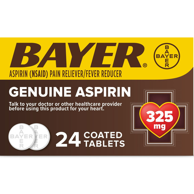 Genuine Bayer Aspirin Pain Reliever Fever Reducer 325mg Coated Tablets 24 Ct (Pack Of 6)