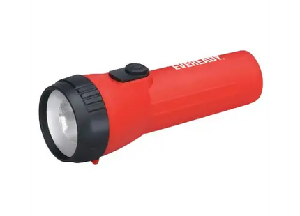 a red flashlight with a white light on it