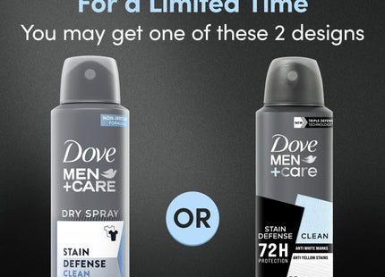 Dove Men+Care Stain Defense Dry Antiperspirant Deodorant Spray, Clean, 3.8 Ounce (Pack Of 2)