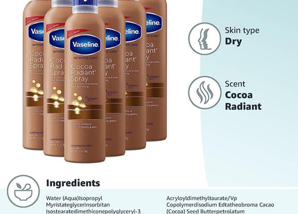 Vaseline Intensive Care Radiant Moisturizer Non Greasy Spray Body Lotion, Cocoa, 6.5 fl oz (Pack Of 8)