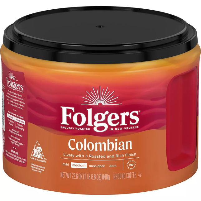 Folgers 100% Colombian Medium Roast Ground Coffee Canister 22.6oz - Food & Beverages > Non-Alcoholic Drinks