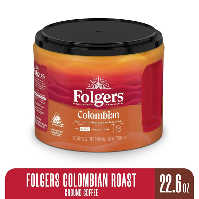 Folgers 100% Colombian Medium Roast Ground Coffee Canister 22.6oz (5 Pack) - Food & Beverages > Non-Alcoholic Drinks