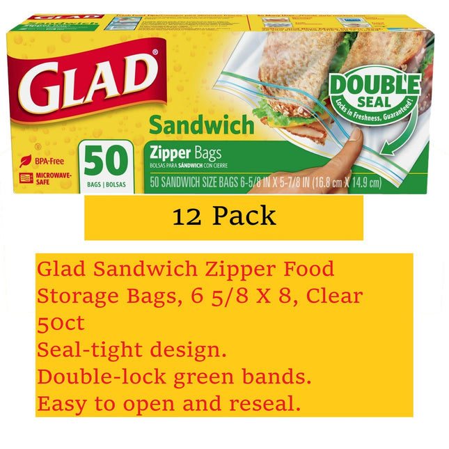 Glad Sandwich Zipper Food Storage Bags 6 5/8 X 8 Clear 50 ct (12 Pack) - Kitchen & Dining >