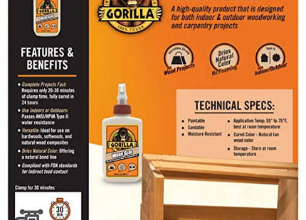 Gorilla Water Based Wood Glue Natural Color Indoor-Outdoor Use 4oz (8 Pack) - Business & Industrial > Adhesives