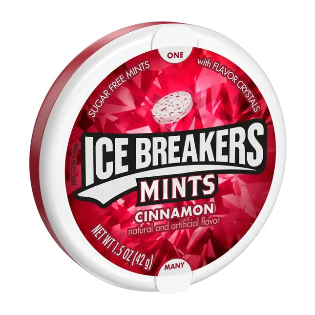 a red and white candy tin with the words ice breakers