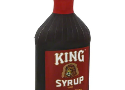 a close up of a bottle of syrup with a lion on it