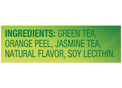 a green label with the words ingredient green tea, orange jasmine, natural flavor, soy, and soy