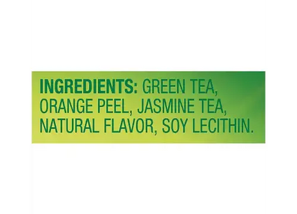 a green label with the words ingredient green tea, orange jasmine, natural flavor, soy, and soy