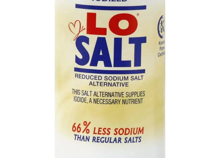 a close up of a can of lo salt on a white background