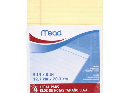 Mead 59614 Yellow Ruled Standard Legal Pad 5’’ x 8’’ Color Canary 50 Sheet (12 Pack) - Office Supplies > Paper
