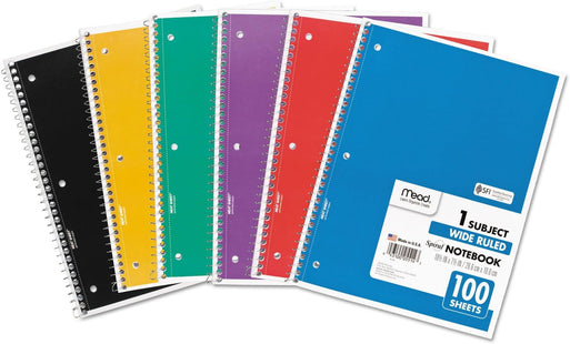 Mead Spiral Notebook,1-Subject,Wide Rule 8 x 10-1/2 100 Sheets (6 Pack) - Office Supplies > Paper Products Notebooks &