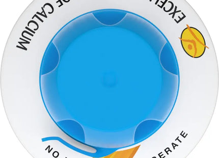 a white and blue plastic plate with a yellow ribbon around it