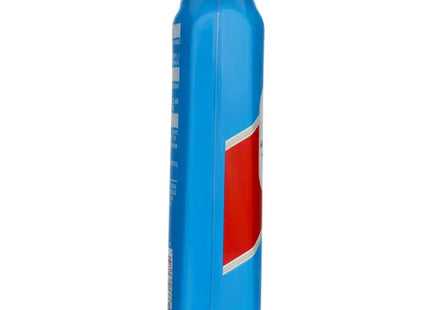 a blue bottle with a red cap