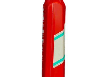 a red water bottle with a white stripe