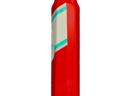 a red water bottle with a white and green stripe