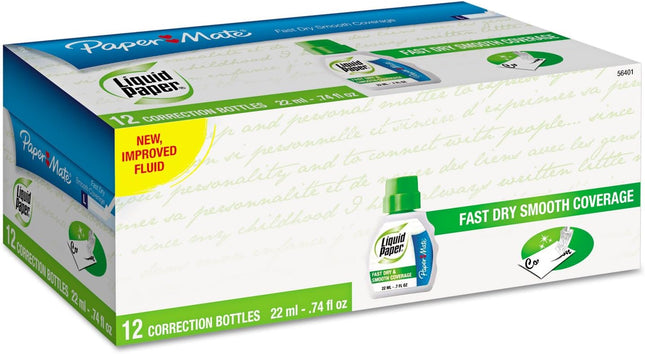 Paper Mate Fast Drying Liquid Correction Fluid White 0.74 oz (12 Pack) - Office Supplies > Stationery & Tape